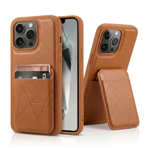 Image of amazon basics Premium Vegan Leather Back Cover with Card Holder and Integrated Mobile Stand for iPhone 15 Pro - Slim Shockproof Wallet Case with Geometric Stitching [Tan]