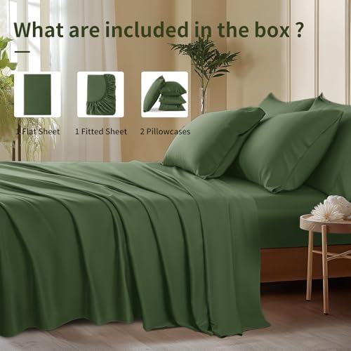 Image of Shilucheng 6 Piece Queen Sheet Sets, Cooling Sheets, Blend Rayon Derived from Bamboo, Deep Pocket Up to 16 inch, Breathable & Soft Bed Sheets, Hotel Silky Bedding Set, Olive Green