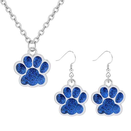 Dreuyet Paw Necklace and Earrings Set for Women Glitter Cute Dog Cat Pet Paw Print Pendant Necklace Earrings Lovely Animal Charm Jewelry Set Gifts (Silver Blue)