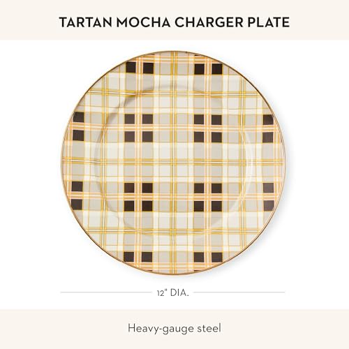 Image of MACKENZIE-CHILDS Enamel Charger Plate, Charger Decoration Plate for Dinner Plates or Home Decor, 12 Inches, Brown-and-Gold Tartan Mocha