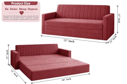 Image of 3-Seater Velvet Sofa Cum Bed with Armrests | Modern Convertible Sleeper Couch | Stylish Sofa Bed for Living Room, Bedroom & Office | Red