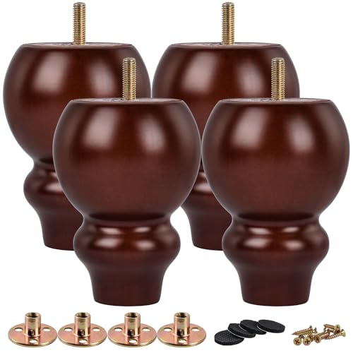 TCHOSUZ Patas de madera para muebles de 12 cm, paquete de 4 patas de repuesto de madera maciza marrón torneadas con pernos M8 y tuercas en T o sofá sillón reclinable otomano