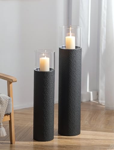 Sziqiqi Tall Floor Candle Holders: 34/27 inch Hurricane Pillar Candleholders Set of 2 for Home Decor - Large Black Cylinder Candle Stand for Outdoor Porch Living Room Fireplace