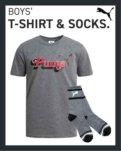 Image of PUMA Boys 2 Piece Graphic Tee Shirt & Matching Socks Set (Sizes S-XL) | Soft Cotton Blend, Short Sleeve Crewneck, Casual Athletic Style, Comfortable Everyday Kids Wear, Fun Coordinated Look
