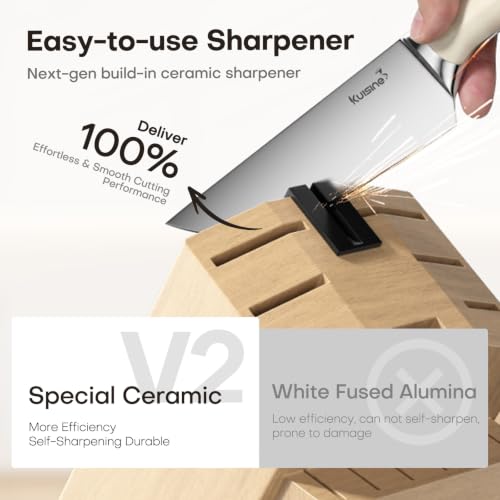 Image of KUISINE Upgraded Knife Set High Carbon Stainless Steel Super Sharp Blade Ergonomic Rivet Handle,Knife Block Set with Built-in Sharpener(Ivory Acacia Pro,15PCS)