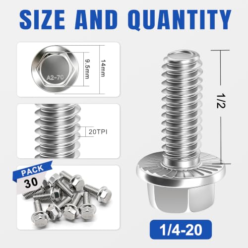 Image of Taiss 30PCS 1 /4-20 x 1 /2 Flanged Hex Head Bolts 304 Stainless Steel,Flange Hexagon Screws Fully Threaded 1 /4 Stainless Steel Bolts,1 /4 Bolt