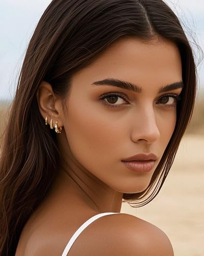 3 PairsTrendy Dainty Set Earrings- 14K Gold Plated Hoop Earrings for Women, Hypoallergenic Lightweight Stackable Jewelry Gift for Multiple Piercings 6