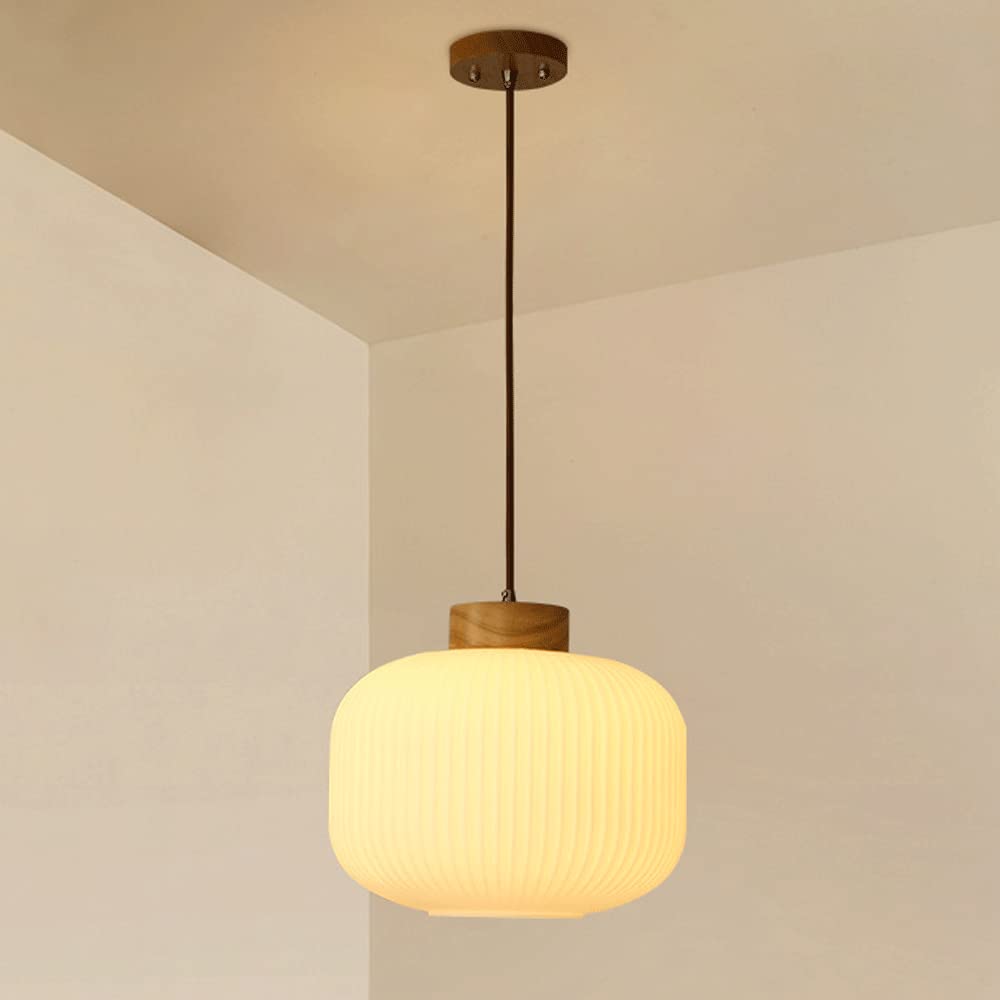 Mjsdjof Japanese-style Glass Pendant Light White Lampshade Suspension Lights E27 Wood Finish Vintage Ceiling Lighting Hanging Lamp for Kitchen Island Living Room Cafe Bar