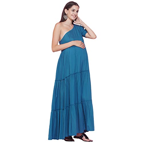 Image of Mine4Nine Women's Maternity Solid Teal Blue Color Maxi Baby Shower Dress