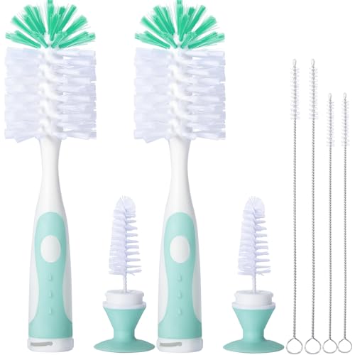Image of CAREBABYMORE 2 Pack Baby Bottle Brush with 4 Pack Straw Brushes, 10.2" Nylon Brushe with Nipple Cleaner and Stand Suction Cup, Green