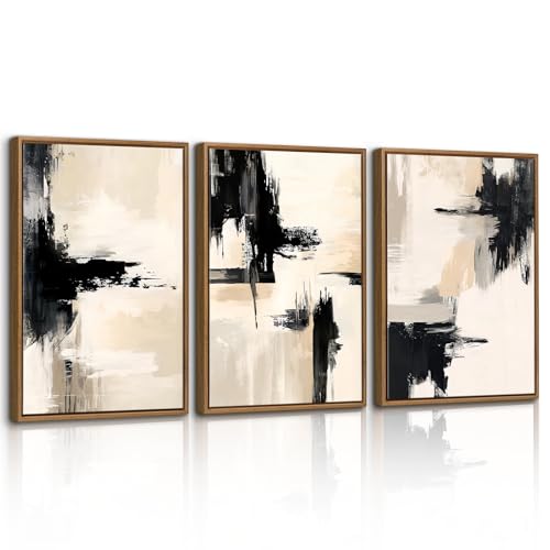 WENGTIAO Lienzos Cuadros Decoracion Enmarcados, Vintage Minimalista en Tinta Cuadros, Abstracto Negro Beige y Gris Láminas Sobre Lienzo para Moderno Salones Dormitorios Decoracion Pared 30x40cmx3