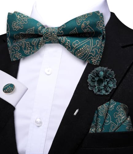 Image of Dubulle Mens Paisley Striped Bowtie Set Pre-tied Bowtie for Men and Pocket Square Set Wedding Business