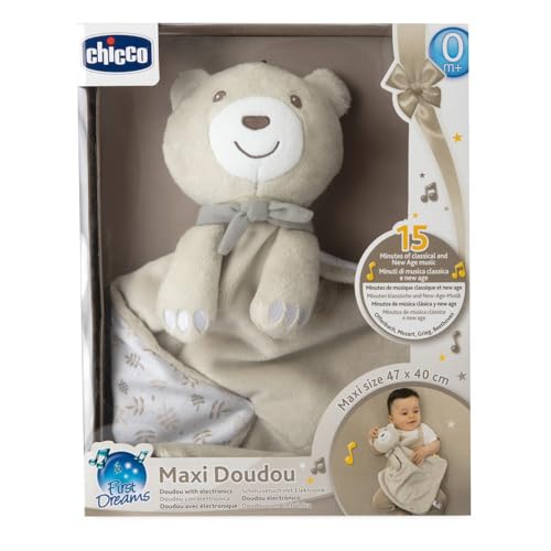 Chicco Gioco Maxi Doudou, Peluche en Velours Doux en Forme d'Ours, avec Musique Classique et New Age, Peluche pour Nouveau-né, Doux à Câliner, Lavable en Machine, Jouet pour Nouveau-né 0+ Mois, Neutre