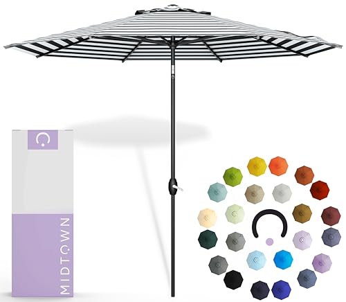 Image of Midtown Umbrellas - 10-Year-No-Fade 9 Ft Patio Umbrella with Terylast Fabric, Auto-Tilt Aluminum Frame and 8 Reinforced Ribs for Deck, Pool, Garden & Beach - Black /White Stripes Canopy, Black Pole