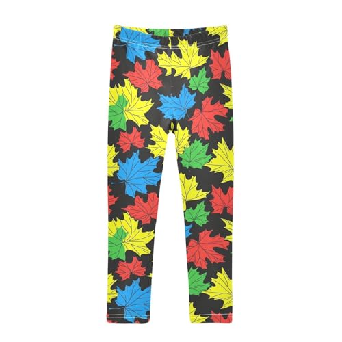 Maple Leaf Yellow Red Green Blue Girls Casual Leggings for Kids Printed Long Pant Bottoms Stretch and Soft