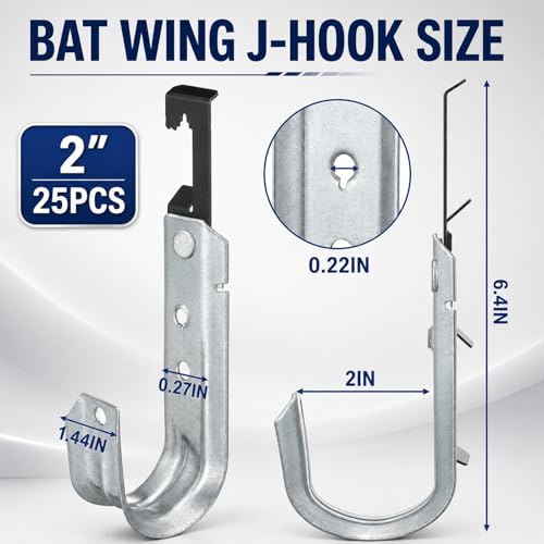 Image of Zonon 25 Pcs 25 Pcs J Hooks for Hanging Metal J Hook Hangers Cable Support with Bat Wing Heavy Duty G60 Galvanized Steel Cable Hooks for Attaching Ceiling Wire Threaded Rod (2 Inch)