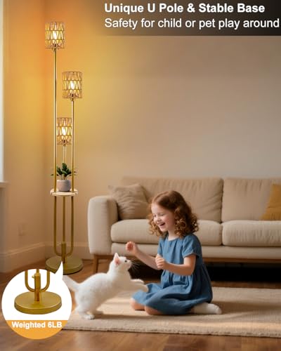 Image of Lightdot Dimmable Boho Floor Lamps with 5Lbs Heavy Base for Living Room, 3-Lights Rattan Floor Lamp with Shelves Rustic Gold Standing Lamp with Warmwhite Bulbs Included for Sofa Beside /Corner Decor