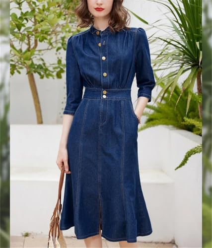 Womens Retro Style Casual Denim Dress Round Neck Three Quarter Sleeve Slim Fit A Line Fishtail Dress2