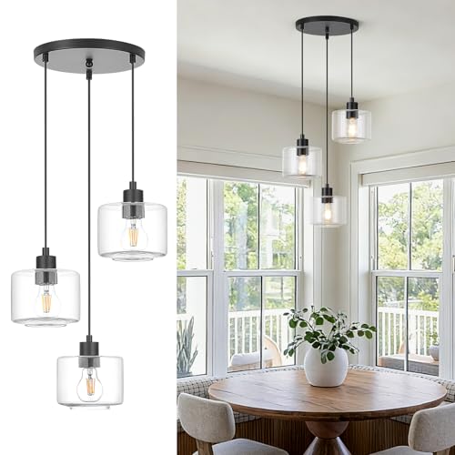 Osimir 3-Light Pendant Lighting, Black Dining Room Chandelier Light Fixture Over Table with Clear Glass, Modern Cluster Hanging Lights for Kitchen Island Dining Room Sink, OS-YQ8153-3BKC