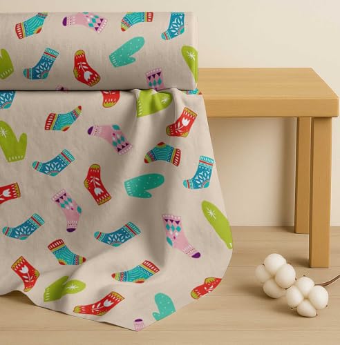 Image of Soimoi White Cotton Poplin Fabric Socks & Gloves Folk Art Print Fabric by Meter 56 Inch Wide