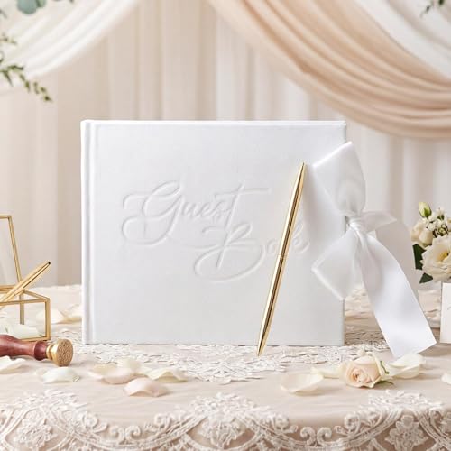 Image of Panelee Wedding Guest Book with Pen White Velvet Reception 144 Page Sign in Book Wedding Memory Papers Elegant Guestbook for Bridal Shower Party Guest Visitor