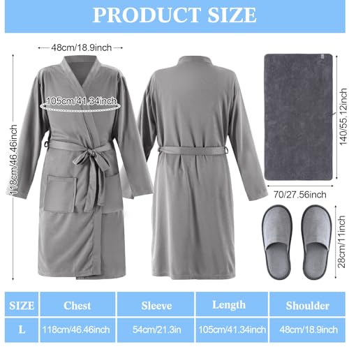 Handepo 2 Sets Waffle Bath Robe Set Unisex Hotel His and Hers Robes Couples Lightweight Knit Spa Bathrobe Slipper Hair Towel(Grey,L)2