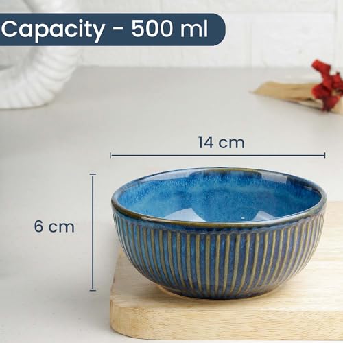 Image of The Earth Store Glam Blue 500ml Each Ceramic Bowls for Kitchen | Dishwasher & Microwave Safe | Bowl Mixing | Bowl for Snacks, Rice, Dal, Fruits, Salad, Noodles, Maggi and More Serving Bowls (Set of 2)