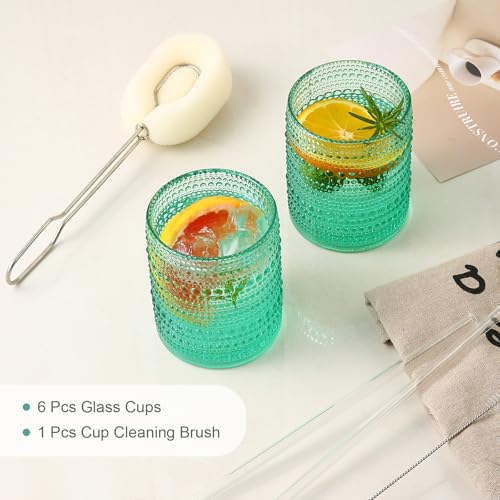 Image of ZMOWIPDL Drinking Glasses Set of 6,12oz Lake Blue Hobnail Glass Cups | Vintage Glassware,Embossed Water Tumbler,for Beer,Cocktail,Whiskey,Juice and Various Mixed Drinks- 1 Cleaning Brush