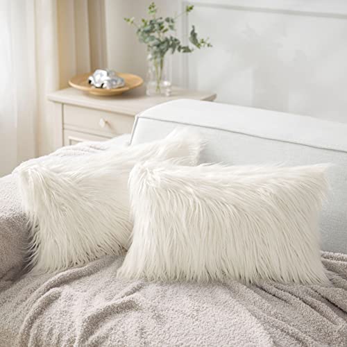 Image of Phantoscope Decorative Set of 2 Off-White New Luxury Series Merino Style Fur Throw Pillow Case Cushion Cover 12 inch x 20 inch