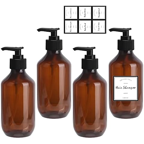 4 Pieces Empty Shampoo Bottles, 300ML Soap Pump Bottle Dispenser Refillable Lotion Bottle with 6 Pieces Waterproof Labels, Brown Empty Press Pump Bottles for Lotion Shampoo Cover