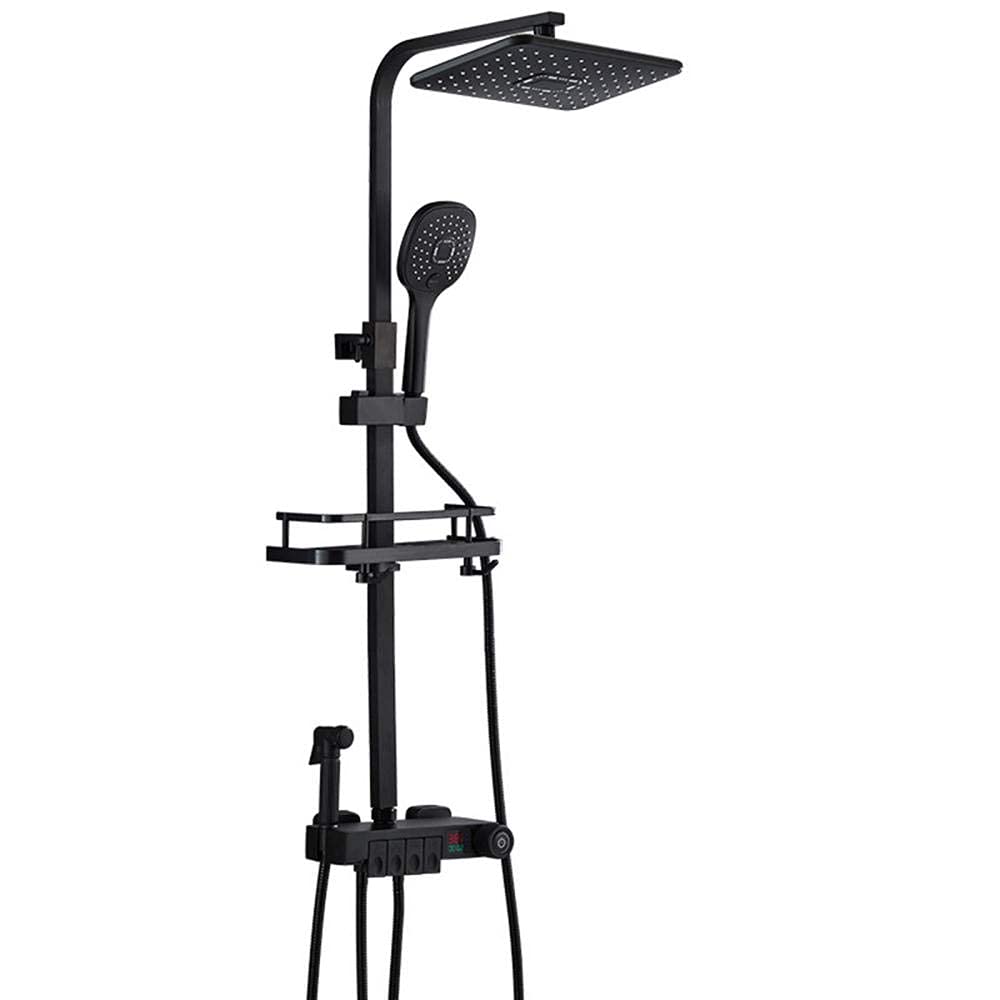 Bateria termostatyczna do łazienki czarny, zestaw prysznicowy z ekranem LED i półką, głowica prysznicowa 10 x 30 cm z prysznicem, system mieszania z głowicą prysznicową-chrom-B