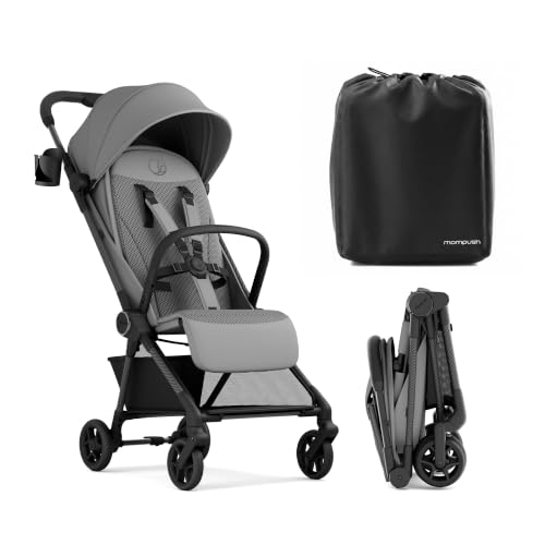 Image of Mompush Nexis Carbon Fiber Lightweight Travel Stroller, Carry-On, Grey | Lightweight travel stroller for airplane, compact auto-fold, one-hand recline, XL basket, cup holder, rain cover included