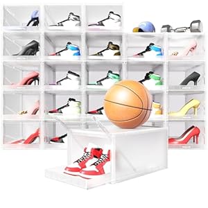 PrimeZone Clear Shoe Storage Boxes Stackable Fit US Size 15 XX Large Plastic Shoe Box Pull Out Plastic Shoe Storage 24 Pack Shoe Display Case Clear Door Sneaker Storage Easy to Assemble White
