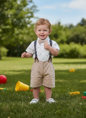 Image of Volunboy Baby Boy Formal Short Set Toddler Summer Gentleman Outfit Kid Short Sleeve Bowtie Shirt Suspender Shorts Suit