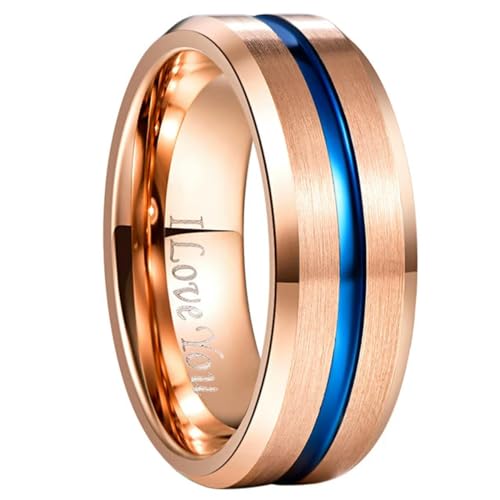 YAHOYA Anillo de carburo de tungsteno de 8 mm de Ancho Anillo de Oro Rosa Completo + Anillo de Boda de ángulo de Ranura Azul para Hombre