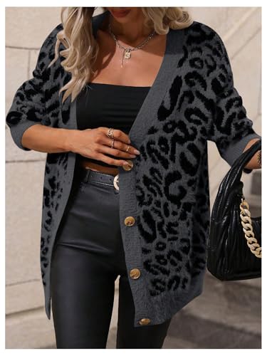 Image of SOLY HUX Women's Leopard Print Cardigan Sweaters Button Down V Neck Long Sleeve Fuzzy Cardigans