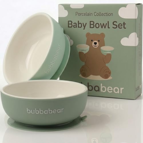 Bubba Bear Baby Porcelain Bowl Set for Weaning | 2 Suction Bowls Sets for Feeding Babies | Toddler Stay Put Food Dishes Kit | Non Slip Silicone Sleeve for Toddlers & Kids