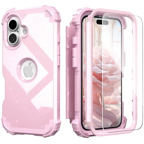 IDweel for iPhone 16 Plus Case with Screen Protector, 3 in 1 Shockproof Slim Fit Hybrid Heavy Duty Hard PC Cover Soft Silicone Bumper Full Body Anti-Fingerprint Case, Glitter Pink