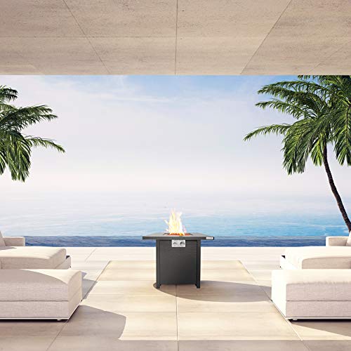 Outdoor Propane Fire Pit Table - CSA Approved Safe 40,000 BTU Pulse Ignition Propane Gas Fire Table - Steel Tabletop, Rattan-Look Steel Panel, 6.6 Lbs Decorative Lave Rock Set - SereneLife SLFPS3