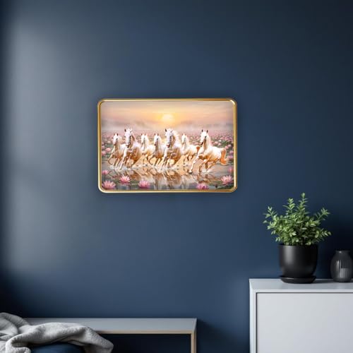 Image of Vastu 7 Seven Running Horse Photo Frame, Golden Slim Frame, Sparkle Coated Lamination, 30x45 cm (Design 4)