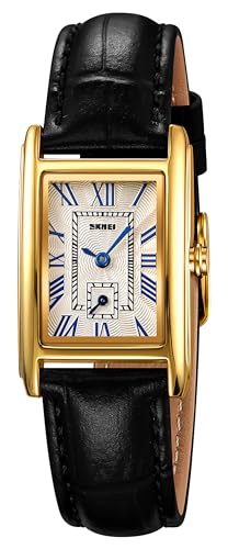 FANMIS Vintage Women's Rectangle Wristwatch Classic Ladies Analog Quartz Watches Ultra-Thin Ladies Bangle Bracelet Watch Female Business Dress Watch with Leather Strap (Black Gold)