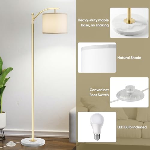 Image of ROTTOGOON Gold Floor Lamp for Living Room with Marble Base, Modern Standing Lamp with 3 Color Temperatures Bulb & Adjustable Linen Shade, Tall Lamp for Bedroom Office Reading Nursery