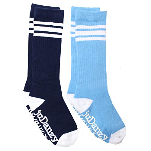 juDanzy Knee High Tube Socks for Boys, Girls, Baby, Toddler and Child (2 Pack) (12-24 Months, Navy & Columbia Blue with White Stripes)