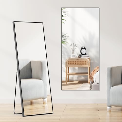 Sweetcrispy 64"x21" Full Length Mirror, Standing or Leaning Full Body Mirror with Aluminum Alloy Thin Frame, Suitable for Bedroom or Cloakroom,Black