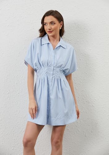 Women Button Down Pleated Shirt Dress Striped Short Sleeve Summer Casual Business Flowy Mini Short Dress3
