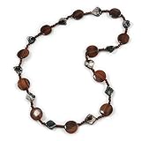 Avalaya Collier en perles en forme de pièce de monnaie en bois marron et coquillage gris – 74 cm L, Bois Coquillage bois