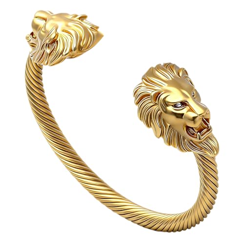 Fusamk Men's Lion Cuff Bracelet Stainless Steel Gold Cable Wire Bangle Adjustable Wrist Band Jewelry Stack for Mens Fashion Classic Twisted Design(Gold)