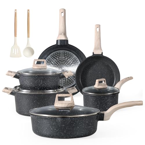 CAROTE Pots and Pans Sets Non Stick, Black Granite Induction Hob Pan Set, Natural Non Toxic Cooking Cookware Set with Saucepan Set,Suitable for All Stoves (12 PCS)