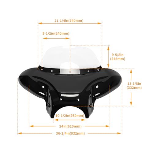 ECOTRIC Universal Motorcycle Cruiser Front Outer Fairing Batwing Bat Wing w/Clear Windshield,37" Wide and 24" Tall