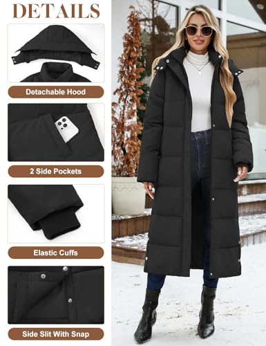 CMTOP Wintermantel Damen Lang Mit Kapuze Dicke Warme Winterjacke Extra Langer Winddicht Steppmantel Casual Wasserdicht Daunenmantel Elegant Lockerer Parka mit Schlitz(Schwarz, L)